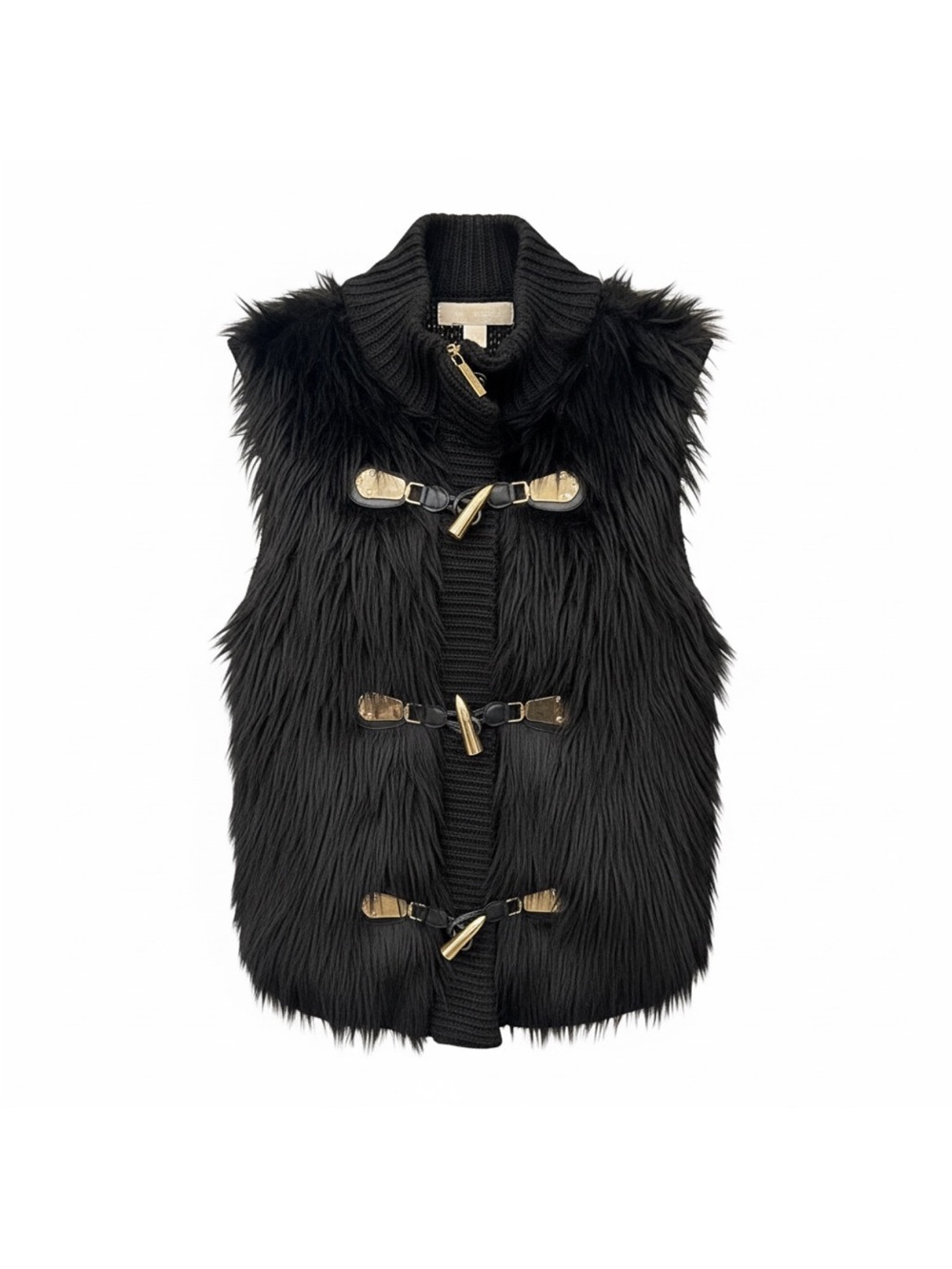 MICHAEL Michael Kors Black Faux Fur Toggle Vest with Gold-Tone Hardware- NWOT